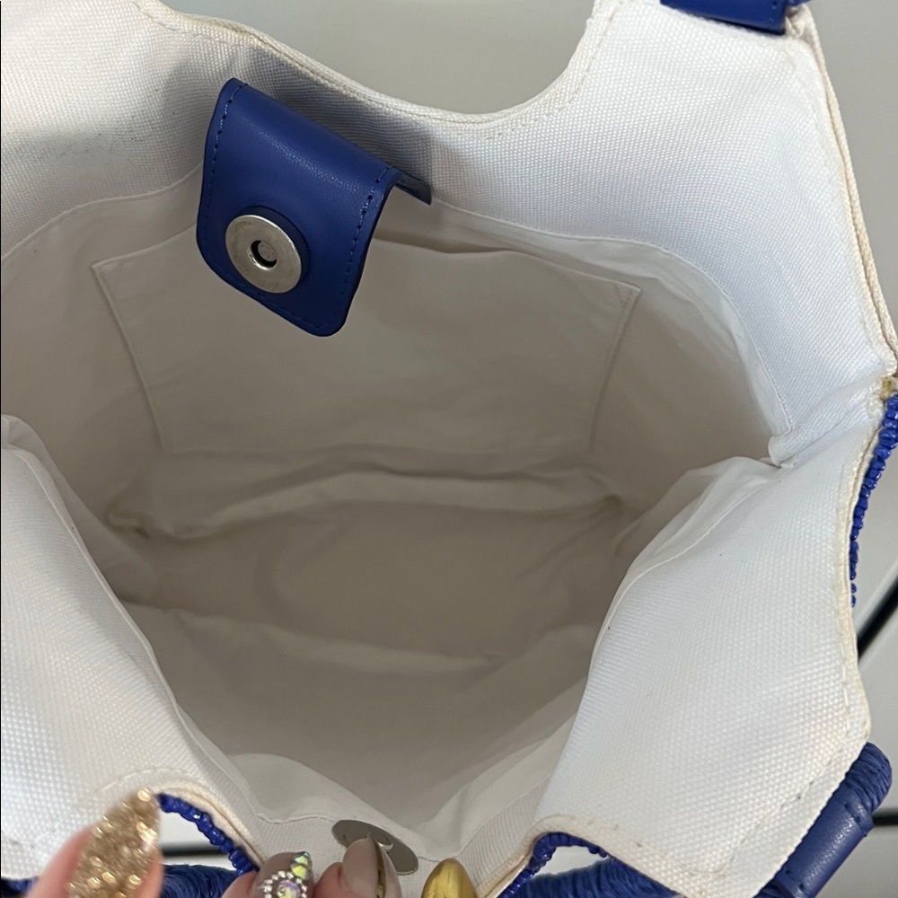 Hand-Beaded Blue & White Tropical Bird Resort Tote | Coastal Chic Like New - Picture 11 of 15